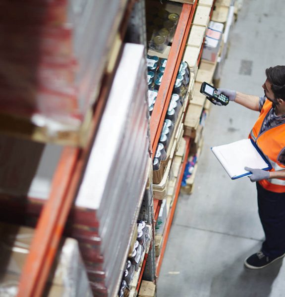 Worker with scanner making review of goods in warehouse